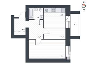 2-к квартира, вторичка, 53м2, 1/12 этаж