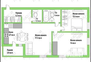 3-к квартира, сданный дом, 65м2, 9/10 этаж