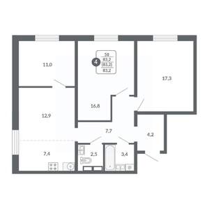 4-к квартира, вторичка, 83м2, 6/17 этаж