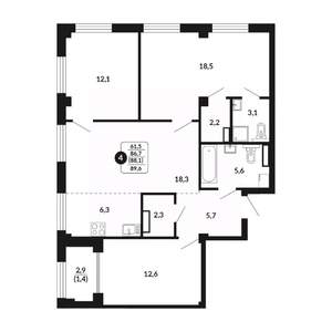 4-к квартира, вторичка, 88м2, 12/17 этаж