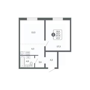 2-к квартира, вторичка, 48м2, 2/17 этаж