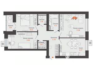 3-к квартира, вторичка, 79м2, 6/9 этаж