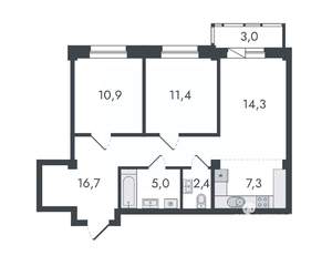 3-к квартира, вторичка, 71м2, 11/16 этаж