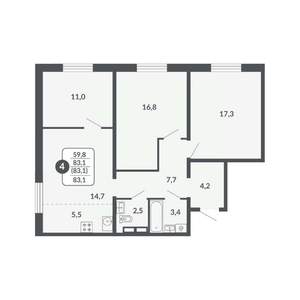 4-к квартира, вторичка, 83м2, 9/17 этаж