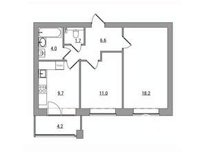 2-к квартира, вторичка, 55м2, 2/6 этаж