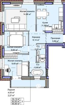 3-к квартира, строящийся дом, 65м2, 7/10 этаж