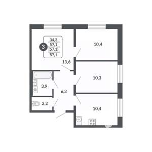 3-к квартира, вторичка, 57м2, 10/17 этаж