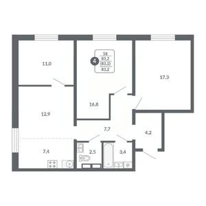 4-к квартира, вторичка, 83м2, 4/17 этаж