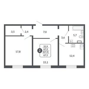 2-к квартира, вторичка, 68м2, 6/17 этаж