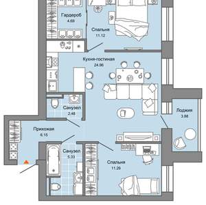 2-к квартира, вторичка, 55м2, 4/7 этаж