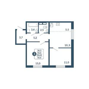 2-к квартира, вторичка, 57м2, 6/17 этаж