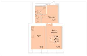 1-к квартира, строящийся дом, 42м2, 1/15 этаж