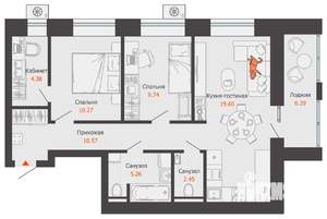 2-к квартира, вторичка, 65м2, 2/12 этаж