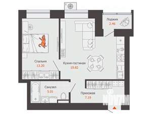 1-к квартира, вторичка, 46м2, 2/12 этаж