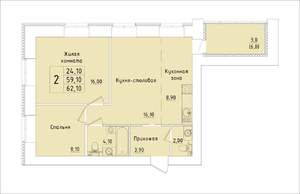 2-к квартира, строящийся дом, 62м2, 2/15 этаж