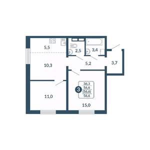 3-к квартира, вторичка, 57м2, 12/17 этаж