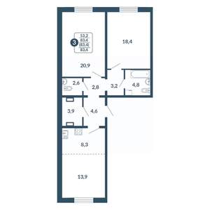 3-к квартира, вторичка, 83м2, 17/17 этаж