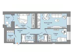2-к квартира, строящийся дом, 68м2, 1/6 этаж