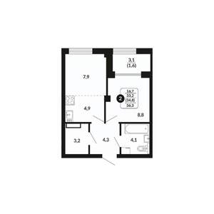 2-к квартира, вторичка, 35м2, 15/17 этаж