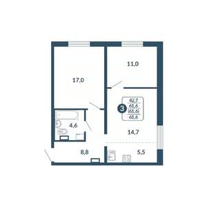 2-к квартира, вторичка, 62м2, 17/17 этаж