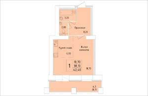 1-к квартира, вторичка, 42м2, 4/15 этаж