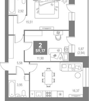 2-к квартира, вторичка, 59м2, 1/4 этаж