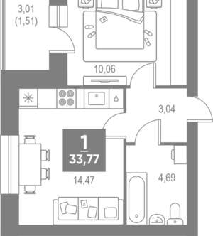 1-к квартира, вторичка, 34м2, 4/4 этаж