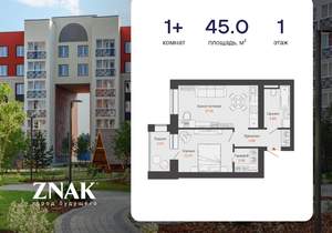 1-к квартира, вторичка, 45м2, 1/4 этаж