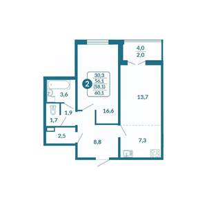 2-к квартира, вторичка, 58м2, 1/17 этаж