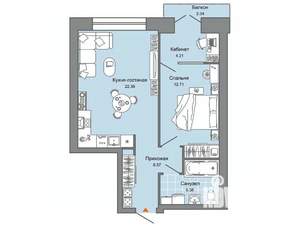1-к квартира, вторичка, 52м2, 4/6 этаж