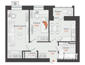 2-к квартира, вторичка, 53м2, 9/12 этаж