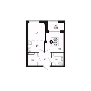 2-к квартира, вторичка, 35м2, 12/17 этаж