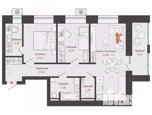 2-к квартира, вторичка, 65м2, 6/9 этаж
