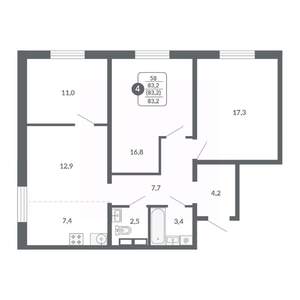 4-к квартира, вторичка, 83м2, 9/17 этаж
