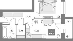 1-к квартира, вторичка, 40м2, 4/4 этаж