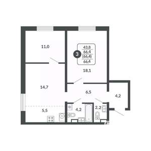 3-к квартира, строящийся дом, 66м2, 2/17 этаж