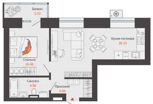 1-к квартира, строящийся дом, 40м2, 4/12 этаж
