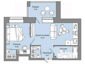 1-к квартира, вторичка, 42м2, 6/6 этаж