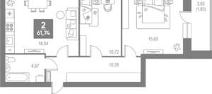 2-к квартира, вторичка, 62м2, 4/4 этаж