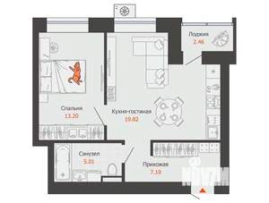 1-к квартира, вторичка, 46м2, 4/12 этаж