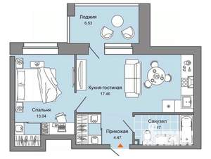 1-к квартира, вторичка, 43м2, 3/7 этаж