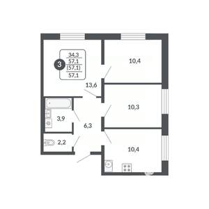3-к квартира, вторичка, 57м2, 8/17 этаж