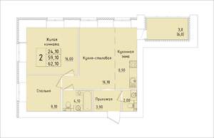 2-к квартира, строящийся дом, 62м2, 3/15 этаж