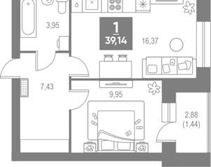 1-к квартира, вторичка, 39м2, 4/4 этаж
