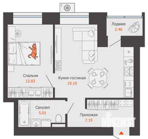 1-к квартира, вторичка, 46м2, 8/12 этаж