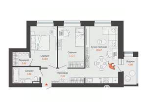 2-к квартира, строящийся дом, 62м2, 2/6 этаж