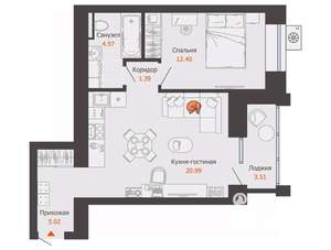 1-к квартира, вторичка, 47м2, 5/9 этаж