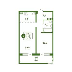 1-к квартира, вторичка, 51м2, 1/17 этаж