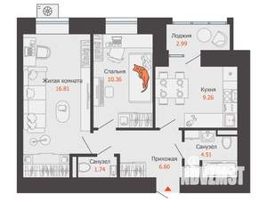 2-к квартира, вторичка, 51м2, 2/12 этаж