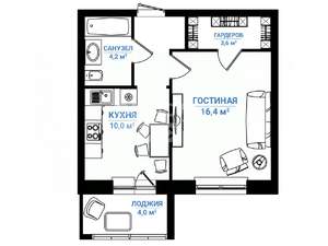 1-к квартира, сданный дом, 38м2, 8/8 этаж